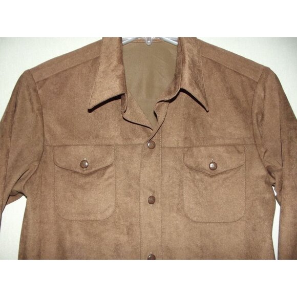 WFF Farah Shirt Mens Sz Large Brown Faux Suede Shacket pocket flaps button down - Picture 4 of 11